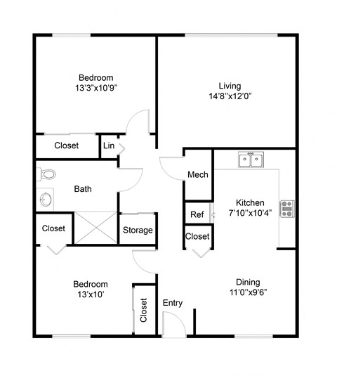 Floor plan for 2 beds, 1 bath, 994 sqft
